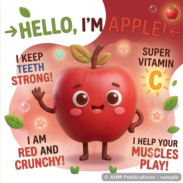 A smiling apple character saying hello