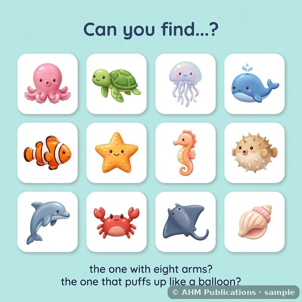 A can-you-find page showing twelve sea creatures
