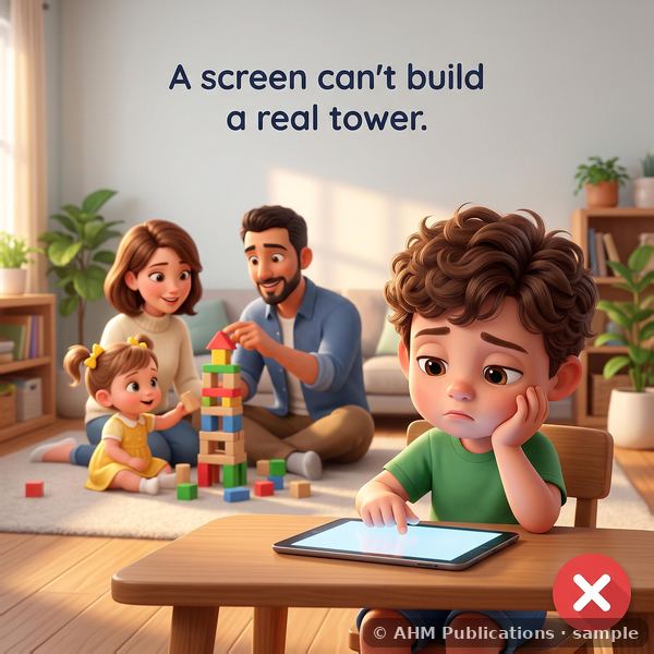 A boy looking bored at a tablet: a screen can't build a real tower