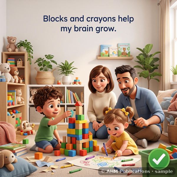 Children building a tall block tower with their parents